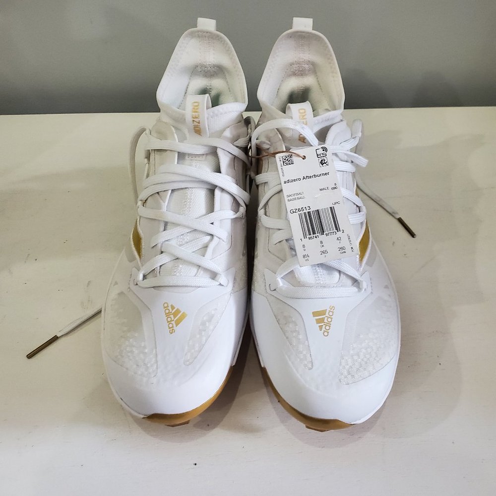 Adidas Adizero Afterburner White/Gold Molded Baseball Cleats Mens Sz 8.5 GZ6513